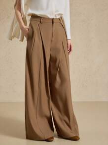 Briarwyn 女士休闲简约纯色褶皱宽松阔腿裤，百搭日常穿着，秋季服装，返校服装，复古风格女性，女士教师装，商务休闲女装工作装 - 卡其色 - 查看 7
