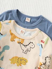 Cozy Pixies 2 pezzi Set di magliette a maniche lunghe in maglia morbida con collo a giro e stampa di dinosauri per bambini maschi, magliette leggere con grafica di dinosauri