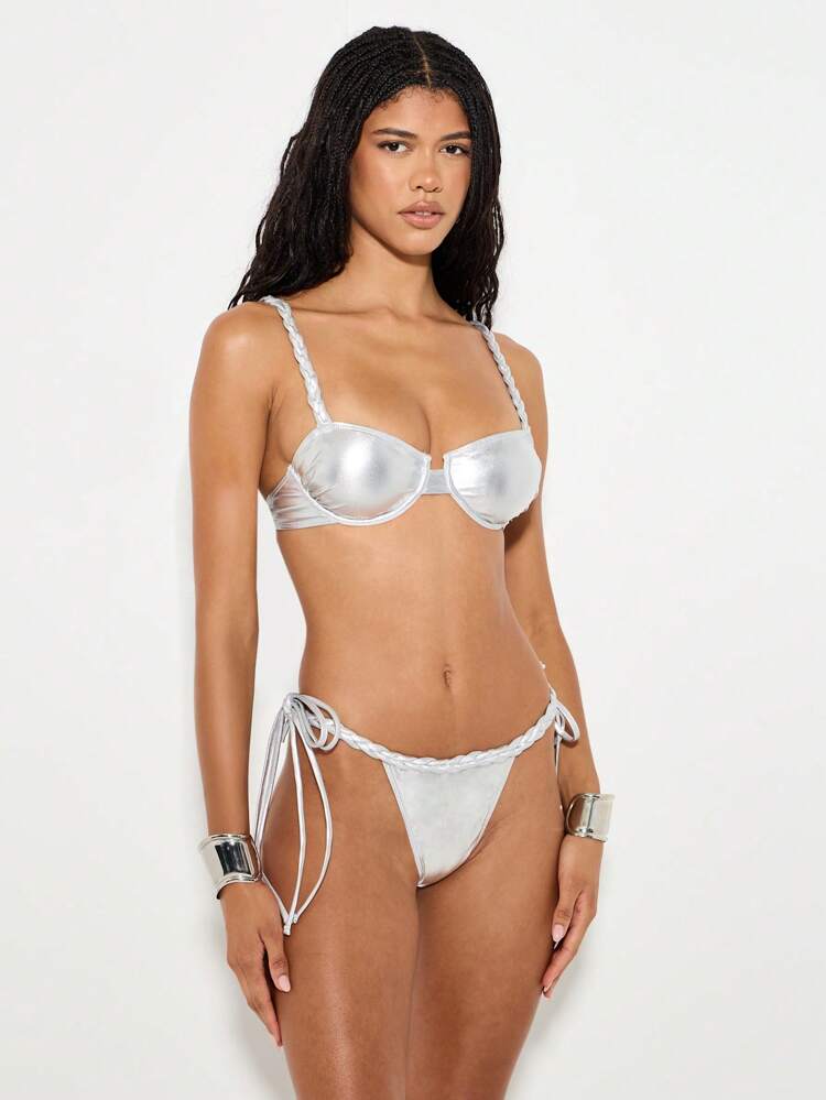 KIZN Metallisch geflochtener Träger Bikini Zweiteiler Sommer Strand Badeanzug, verstellbarer Seitenbindung Unterteil, gepolsterter Unterbügel, Herzausschnitt, Resort Urlaub Schwimmbad Party Strandmode