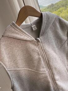 Tween 女童纯色拉链领无袖连帽运动衫 - 灰色 - 查看 5