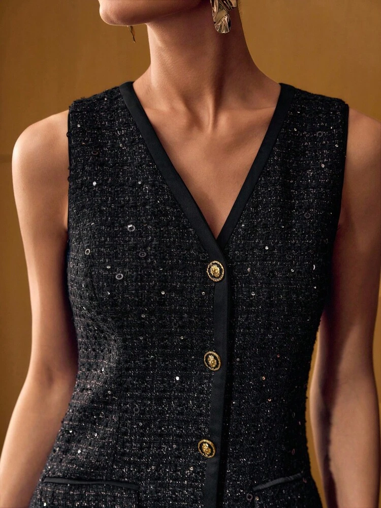 VESTIDO BOTÃO DECOTE EM V TWEED