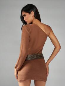 MISSGUIDED One Shoulder Knitted Mini Dress Long Sleeve Fitted Bodycon Winter Fall Party Club Night Out Elegant Form Fitting Sweater Dress - Khaki - View 2