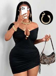 Maweii Plus Size Women's Metallic Snake Skin Asymmetric Hem Side Ruched Tie Waist Dress