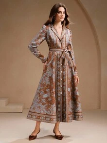 Anewsta Autumn/Winter Brown Vintage Bohemian Print Tie-Front Long Dress For Women - Coffee Brown - View 7