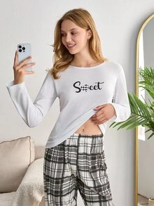 EURMUSE Conjunto de pijama de algodão PLUS CURVE com 2 peças, camisa de manga comprida com letras e calças de dormir xadrez, roupa de dormir para casa