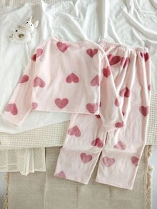 Genkimix Kids 2pcs Tween Girls Thermal Lined Flannel Heart Print Crew Neck Long Sleeve Top And Pants Pajama Set, Back To School Autumn/Winter Girls Heart Pajamas Set Pink Pajama Set Kids Pajamas Girls Soft Pajamas Toddler Fleece Pajamas Fall Two Piece Sleep Set Kids Pj Set Girl Pink Girl Sleep Wear Soft Pajamas Set - Pink - View 2