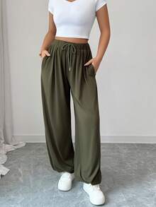 EMERY ROSE Elegant High Waist Elastic Drawstring Loose Relaxed Fit Women Pants Fall Cloth For Women - Army Green - View 4