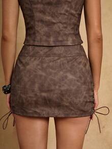 SHEIN BAE 女士时尚侧交叉系腰迷你裙，夏季 - 棕色 - 查看 2