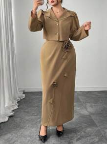 Modelyn 2件套加大码纯色长袖碎花长裙套装 - 卡其色 - 查看 6