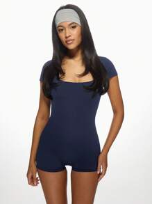 MISSGUIDED 女式高性能短袖紧身连体衣活力压缩连体裤芭蕾瑜伽连体衣修身塑形运动紧身衣 - 藏蓝色 - 查看 5