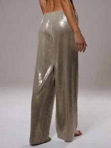 MUSERA Sequin Low Rise Trousers Vacation Summer Ibiza Fits  Party Sparkly Fall - Khaki - View 2