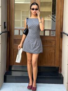SHEIN EZwear Women's Polka Dot Print Round Neck Sleeveless Mini Fashion Dress,Office Dress,Fall Women Clothes - Grey - View 7