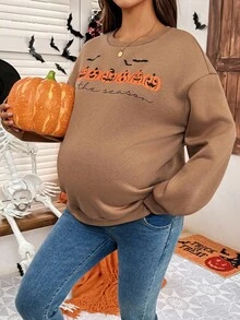 SHEIN Maternity Letter & Pumpkin Print Round Neck Drop Shoulder Long Sleeve Casual Sweatshirt,Halloween - Khaki - View 3