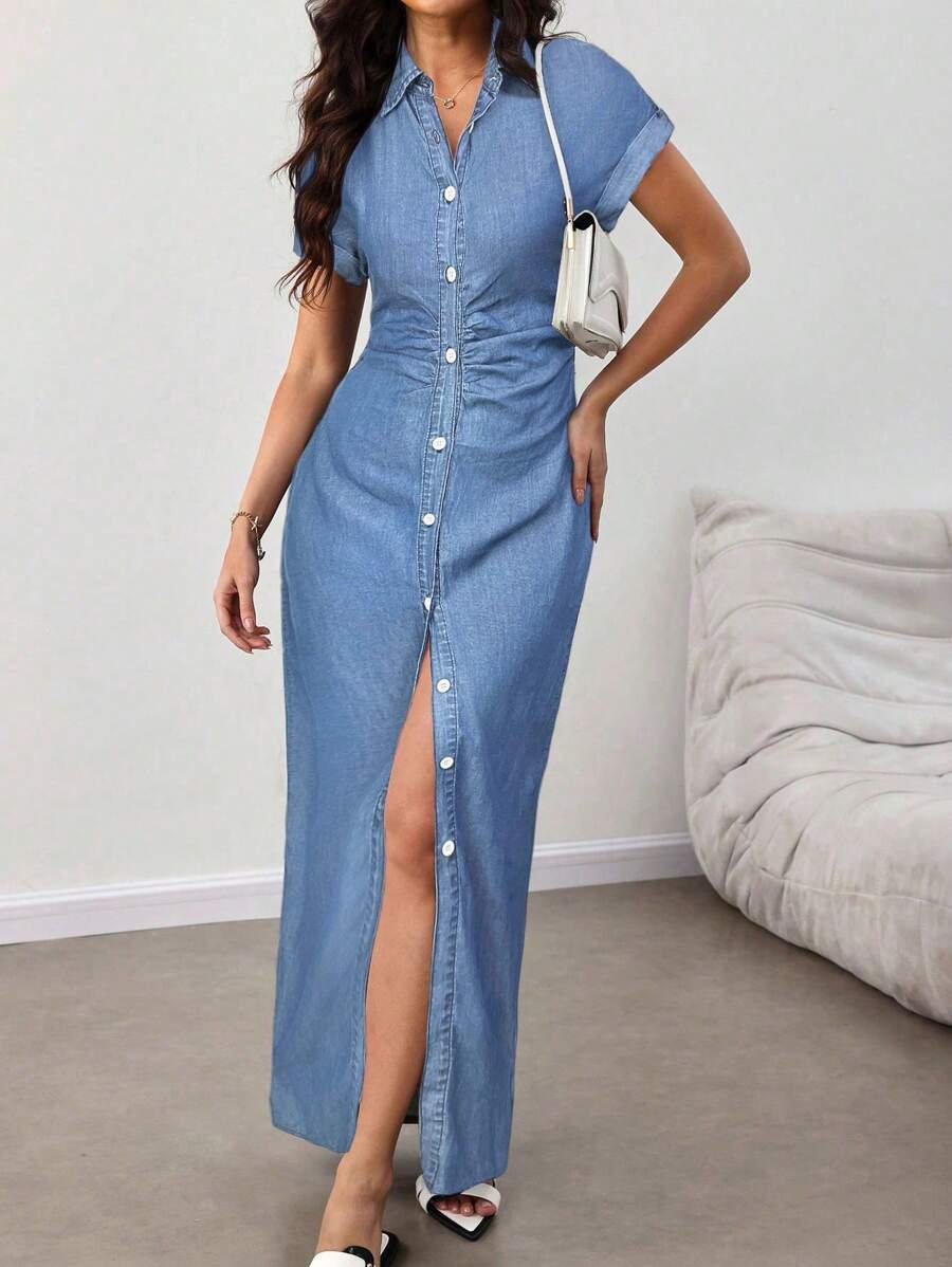 SHEIN Lady 女式蝙蝠袖单排扣褶皱休闲牛仔连衣裙 - 淺色水洗藍 - 查看 1