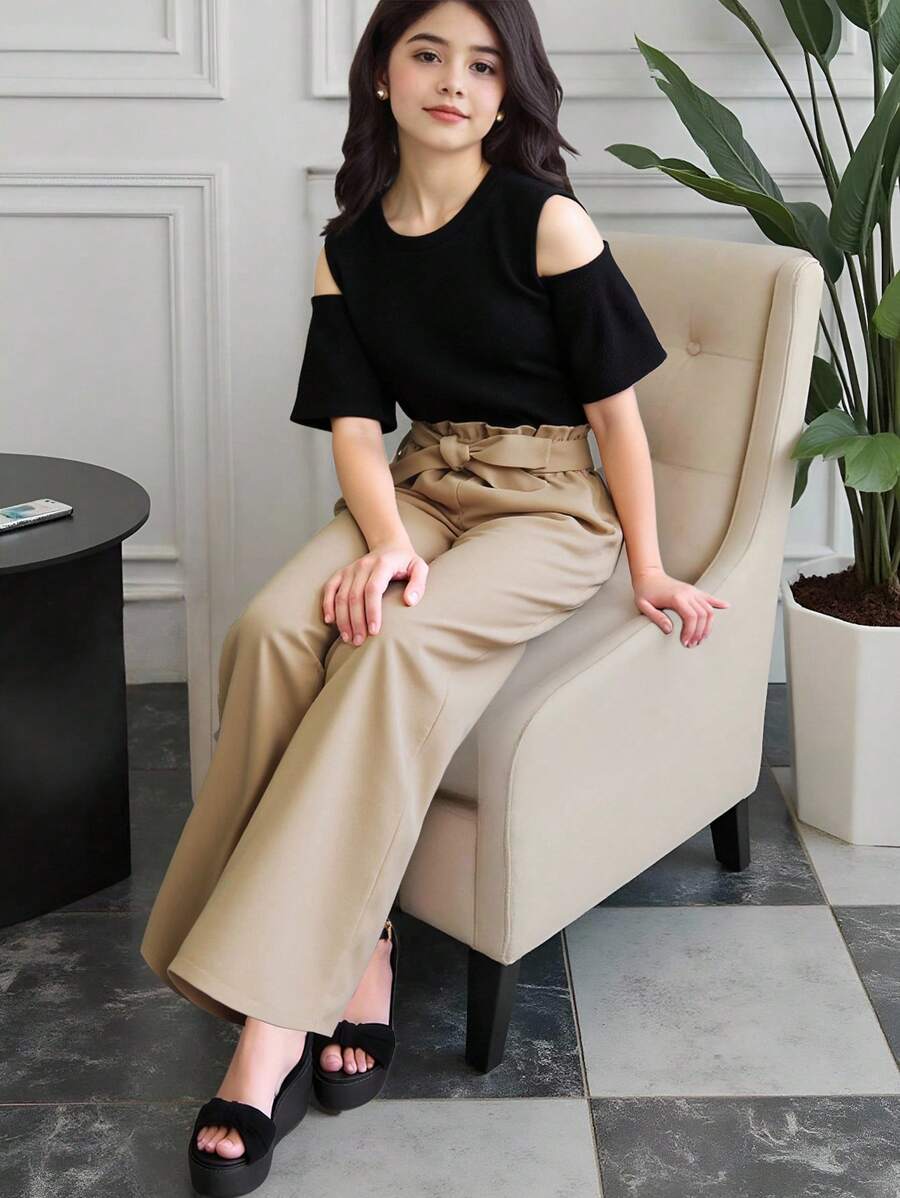SHEIN Girls Cold Shoulder Tee & Paperbag Waist Belted Trousers - Multicolor - View 1
