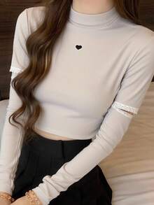 FRIFUL 女士愛心刺繡花邊中空袖立領上衣 - 灰色 - 查看 5