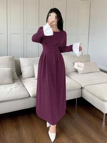 Feyla 女士圆领落肩长袖拼色褶饰优雅连衣裙 - 紫色 - 查看 3