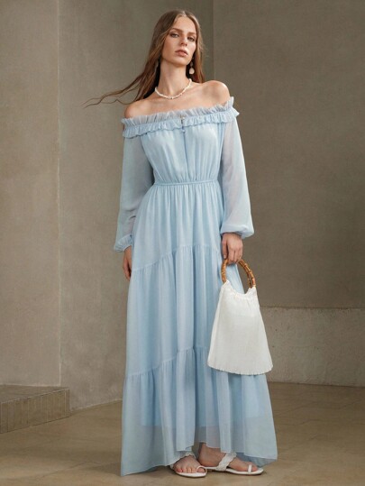 Arave Abito elegante e alla moda da donna con spalle scoperte e balze sul fondo