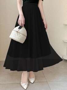 FRIFUL Swiss Dot Elastic Waist A-Line Skirt - Black - View 2