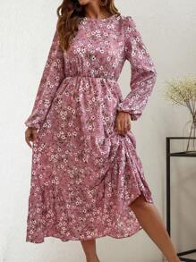 SHEIN LUNE Round Neck Floral Print Ruffle Hem Long Sleeve Dress Maxi Women Outfit