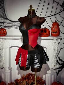 Amplova Bộ 2 trang phục chú hề Halloween với áo crop top chắp vá màu tương phản và chân váy mini xếp ly rộng - Đỏ - Xem 1