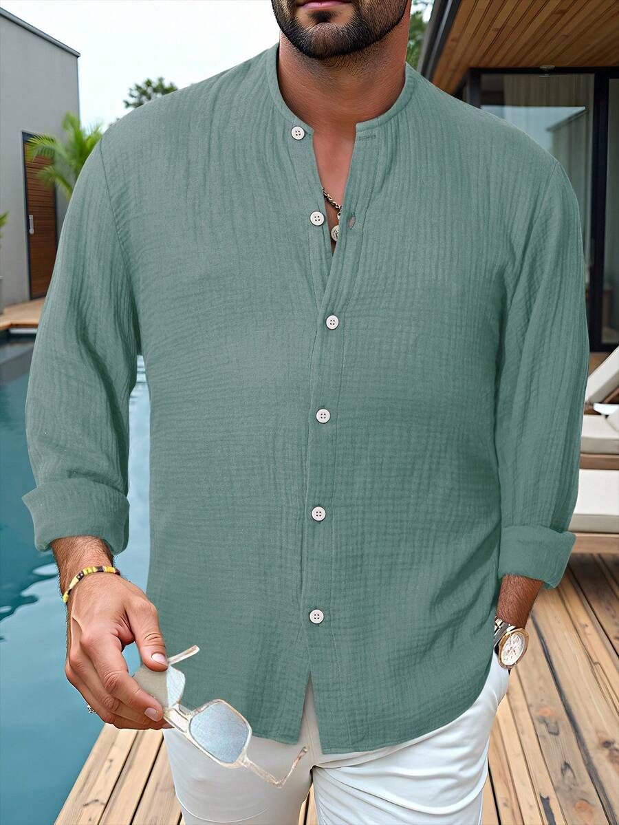 Manfinity Homme 男士纯色纹理休闲度假长袖衬衫，男士休闲衬衫，适合秋季 - 橄欖綠 - 查看 1