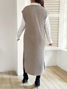 SHEIN 2-Piece Maternity Set: White Solid Long-Sleeved Button-Down Shirt And V-Neck Casual Khaki Small Dropped Shoulder Loose Dress, Women's Autumn Clothing  Fall Beige Maternity Dress Sleeveless Maternity Dress Knit Maxi Dress Ribbed Knit Maternity Dress Maternity Dress - Multicolor - View 2