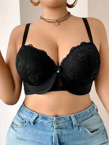 SHEIN 1pc Plus Size Lace Wireless Padded Adjustable Bra, Comfortable Seamless Lift And Support Underwear For Women - Black - View 4