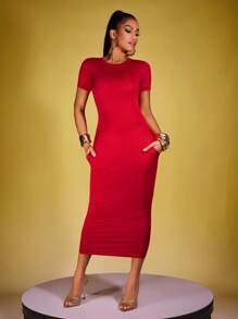 INAWLY Women's Slim Fit Solid Color Short Sleeve Dress, Summer - Red - View 1