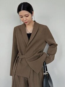 FRIFUL 女士纯棕色休闲商务套装，适合秋季穿着 - 咖啡棕 - 查看 9