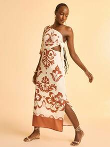 CAJUNI 女式波西米亚度假细肩带镂空收腰A字印花连衣裙 - 彩色 - 查看 4