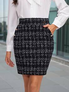 SHEIN Clasi Váy da giả thanh lịch dành cho nữ có túi khóa kim loại, phù hợp mặc đi làm, thường ngày và mặc hàng ngày vào mùa hè - Đen và trắng - Xem 3