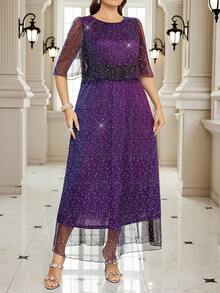 Gownix Vestido suelto de mujer de talla grande con cuello redondo, manga corta, plisado, lentejuelas y lámina de color púrpura, elegante y de moda para fiestas - Morado - Ver 3