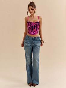 SHEIN BAE Top corset elegante con estampado floral de encaje para mujer, verano - Morado - Ver 5