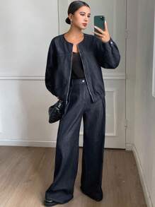 DAZY 女士圆领松紧腰夹克上衣和宽松阔腿裤两件套，休闲