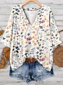 EMERY ROSE 碎花复古花卉图案休闲简约大码T恤，适合秋季