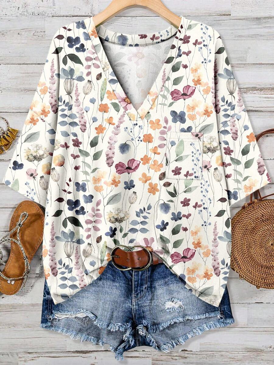 EMERY ROSE 碎花复古花卉图案休闲简约大码T恤，适合秋季