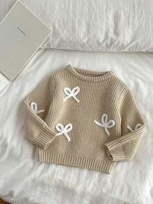 SHEIN Vintaside Kids 時尚百搭可愛蝴蝶結針織套頭毛衣，適合年輕女孩，秋季、仙女風、學校、返校季，淺棕色秋冬服飾 - 杏色 - 查看 3