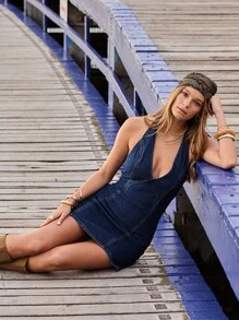 Aralina Autumn, Winter, Fall, Dark Denim Low V Halter Neck Dress, Winter Dresses For Women, Country - Blue - View 7