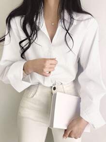 DAZY Solid Button Front Drop Shoulder Shirt,Long Sleeve Tops - White - View 3