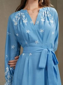 Arave Women's Floral Contrast Embroidery V-Neck Tie Waist Design Elegant Dating Autumn Long Dress Dresses For Women Elegant Fall Dresses For Women Wedding Guest Dress Women Teacher Outfits For Women Fall Clothes For Women - Blue - View 2