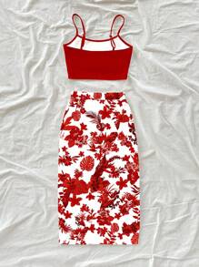 Soleia 2pcs/Set Casual Floral Print Crop Camisole And Skirt, Suitable For Summer Vacation Outfits Woman 2 Pieces Red Two Set - Red - View 2