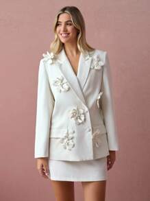 Enchnt Fall/Winter Romantic Women's White 3D Flower Decor Long Sleeve Lapel Blazer,Sweet&Elegant&Fashionable For Vacation&Date&Holiday&Birthday&Party&Graduation&Wedding Guest&Office&Going Out,Back To School,Fall Blazers For Women,Autumn Clothes