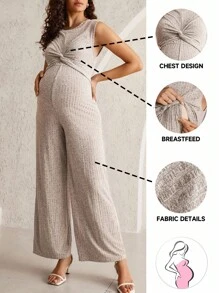 MaterniWear 孕妇纯色圆领扭纹细节无袖休闲阔腿连体裤