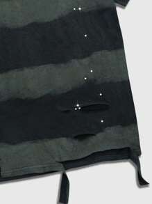 ROMWE MEN Street Life Men Striped Print Contrast Color Round Neck Short Sleeve T-Shirt With Rhinestone Distressed Design, 2000s Style - Black - View 3