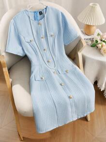 Franclia 大码女式圆领单排扣优雅粗花呢短袖连衣裙 - 藍色 - 查看 1