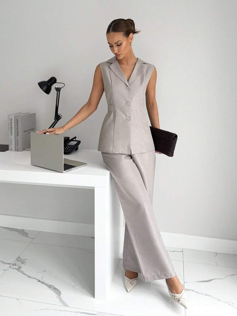 Siren Gaze New Linen Suits, Old Money Style High-End Commuter Waist Sleeveless Suits For Women, Autumn Women's Clothing, Office Clothing, Casual Commuter Women's Clothing Summer Elegant - Apricot - View 1