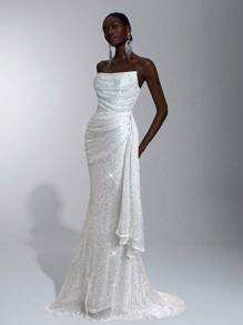 Elitara Cổ áo xếp nếp đính sequin trang nhã, đính đá 3D có thể tháo rời, xếp nếp bên hông, thích hợp cho những dịp trang trọng, đám cưới, tiệc tùng, lễ tốt nghiệp, vũ hội - trắng - Xem 4