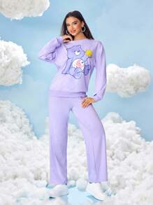 SHEIN X Care Bears Women's Casual Cute Cartoon Bear Print Dropped Shoulder Loose Pullover Sweatshirt And Straight Leg Pants Set, Spring/Autumn - Mauve Purple - View 3