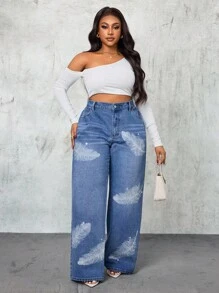 Slaydiva Quần jean ống rộng dáng rộng họa tiết lông vũ cỡ lớn dành cho nữ - Màu xanh lam - Xem 7